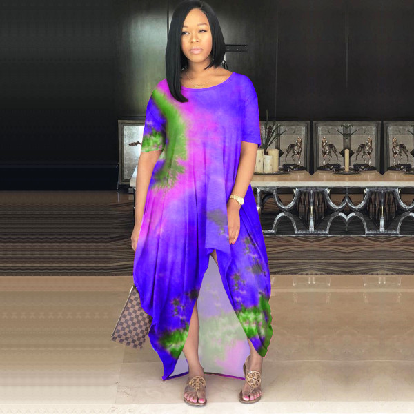 Women's color tie-dye fashion loose skirt multicolor dress Q7022