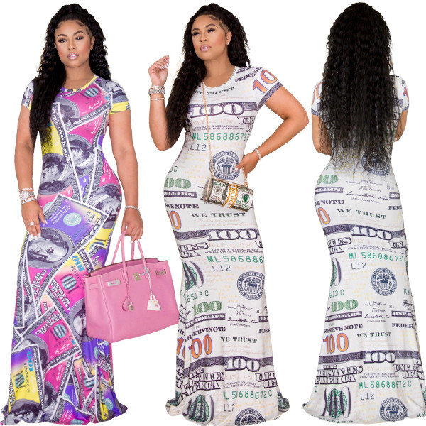 U.S. dollar print short-sleeved hip dress long skirt L255