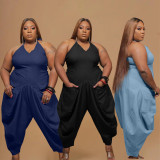 Fashion women's plus size 5XL solid color sling harem jumpsuit Q7167