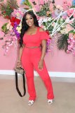 Cotton solid color leisure off-shoulder ruffle suit two-piece suit L230