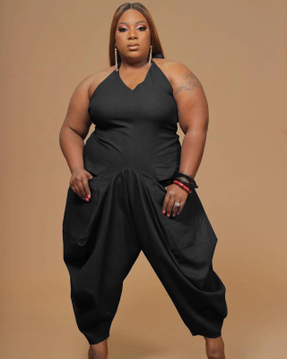 Fashion women's plus size 5XL solid color sling harem jumpsuit Q7167