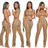 Plaid casual short-sleeved pleated pants suit XY8035