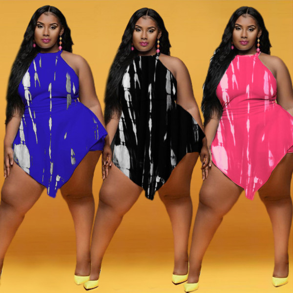 New slim plus size back zipper sleeveless tie-dye sexy fake two-piece jumpsuit MY066