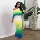 Casual bat long sleeve top flared pants suit gradient XY8037