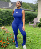 New sexy striped stitching split sleeveless hip-lifting sports jumpsuit F159