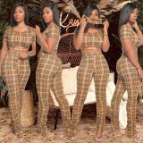 Plaid casual short-sleeved pleated pants suit XY8035