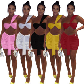 New white sleeveless solid color skirt suit short tube top folds navel two-piece suit JZH8028
