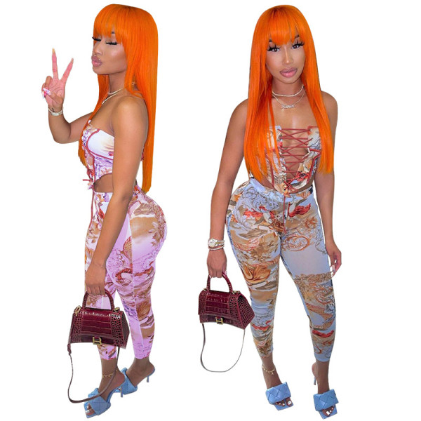 Ladies tie rope cute fashion printing two-piece sexy women's suit MY065