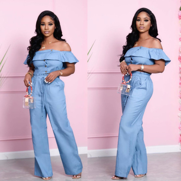 Two-piece denim with wide feet, loose high waist and chest wrap XY8036