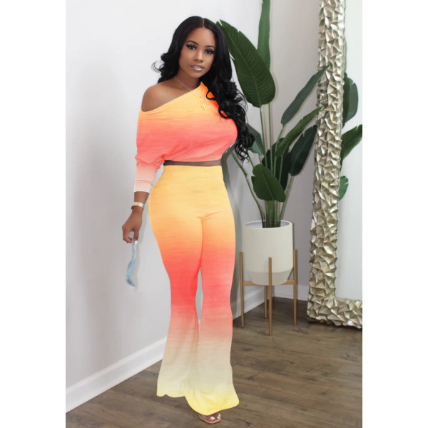 Casual bat long sleeve top flared pants suit gradient XY8037