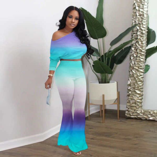 Casual bat long sleeve top flared pants suit gradient XY8037