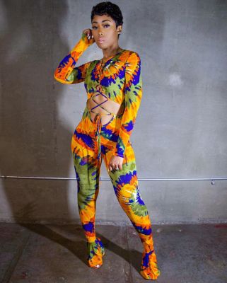 Lace-up autumn and winter new sexy tight-fitting fashion printed jumpsuit MY027