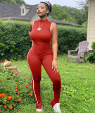New sexy striped stitching split sleeveless hip-lifting sports jumpsuit F159