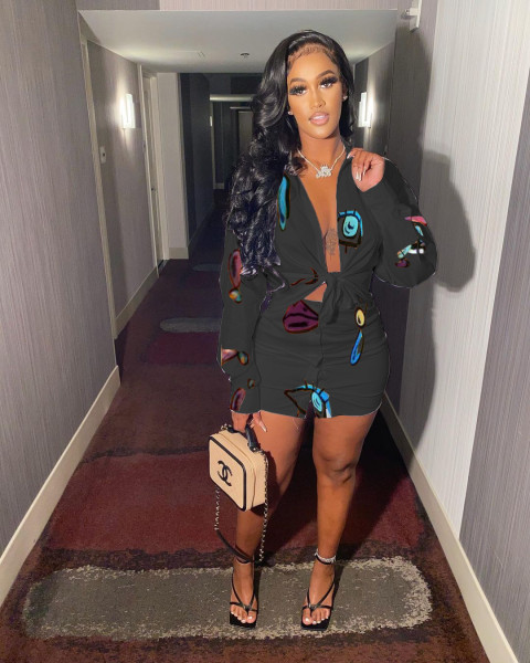Women's casual printed long-sleeved shirt button skirt two-piece suit Y5011
