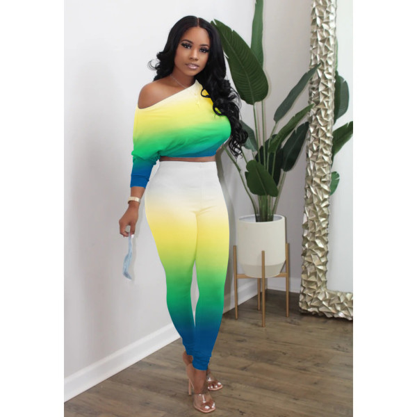 Sexy fashion casual oblique collar strapless high waist suit gradient color XY8032