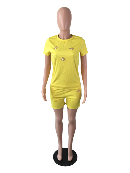 Bee decoration round neck large size solid color fashion short-sleeved two-piece suit QY5074