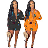Women's casual printed long-sleeved shirt button skirt two-piece suit Y5011