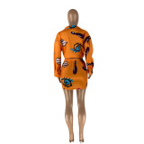 Women's casual printed long-sleeved shirt button skirt two-piece suit Y5011
