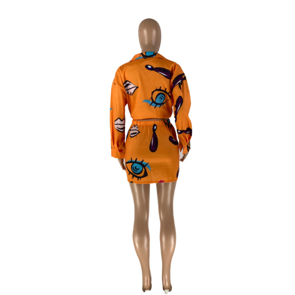 Women's casual printed long-sleeved shirt button skirt two-piece suit Y5011