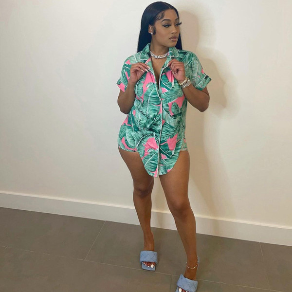 Leaf print street fashion lapel cardigan irregular shorts suit K21S05145