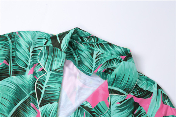 Leaf print street fashion lapel cardigan irregular shorts suit K21S05145