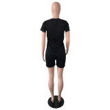 Bee decoration round neck large size solid color fashion short-sleeved two-piece suit QY5074