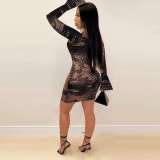 Fashionable European and American Women's Long Sleeve Digital Printed Dress A8040