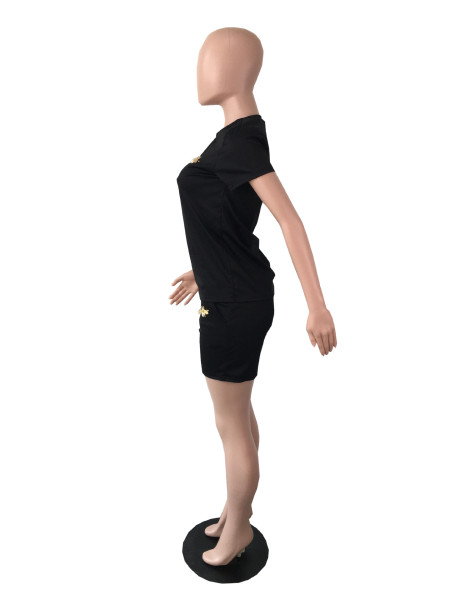 Bee decoration round neck large size solid color fashion short-sleeved two-piece suit QY5074