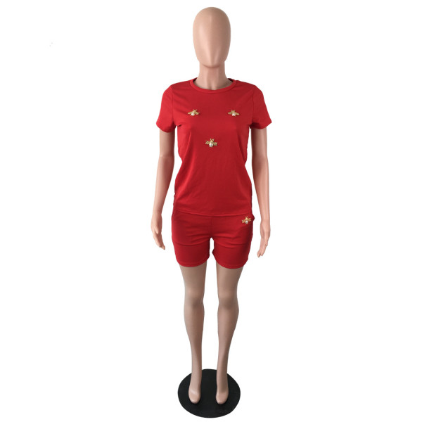 Bee decoration round neck large size solid color fashion short-sleeved two-piece suit QY5074