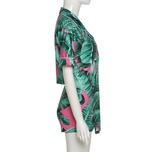 Leaf print street fashion lapel cardigan irregular shorts suit K21S05145