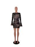 Fashionable European and American Women's Long Sleeve Digital Printed Dress A8040