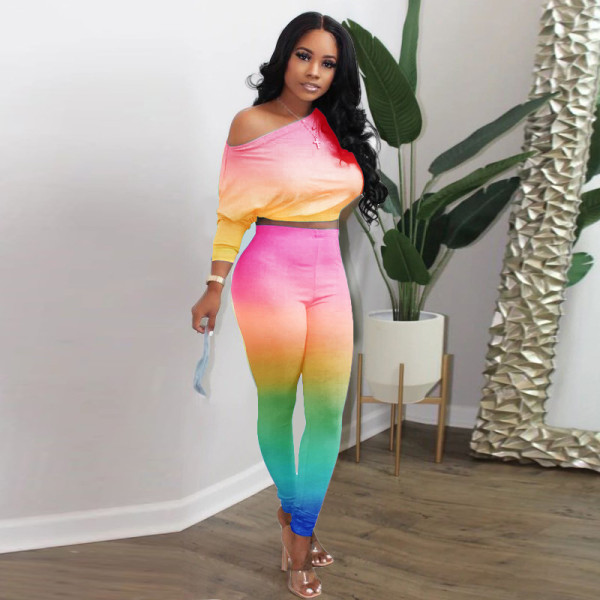 Sexy fashion casual oblique collar strapless high waist suit gradient color XY8032