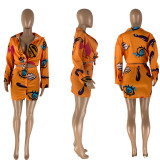 Women's casual printed long-sleeved shirt button skirt two-piece suit Y5011
