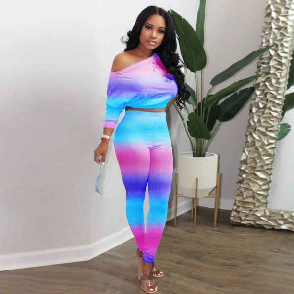 Sexy fashion casual oblique collar strapless high waist suit gradient color XY8032