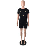 Bee decoration round neck large size solid color fashion short-sleeved two-piece suit QY5074