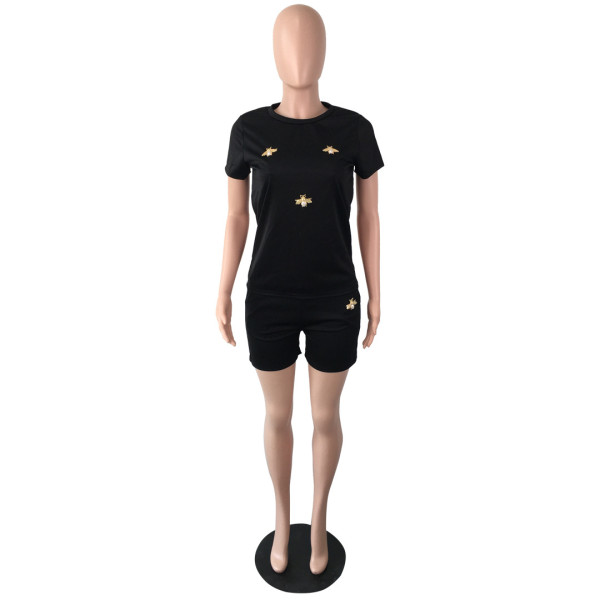 Bee decoration round neck large size solid color fashion short-sleeved two-piece suit QY5074