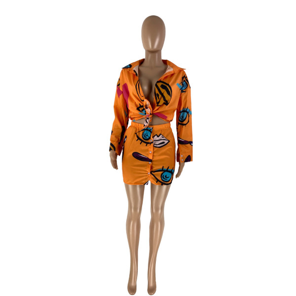 Women's casual printed long-sleeved shirt button skirt two-piece suit Y5011