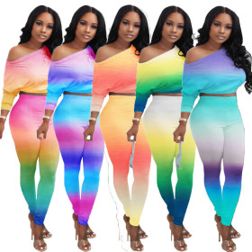 Sexy fashion casual oblique collar strapless high waist suit gradient color XY8032