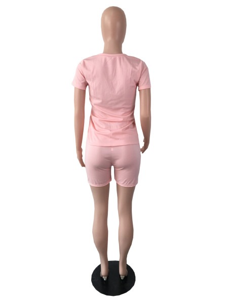 Bee decoration round neck large size solid color fashion short-sleeved two-piece suit QY5074