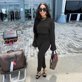 Pure color pit strip round neck long sleeve fashionable sexy two-piece suit D80055