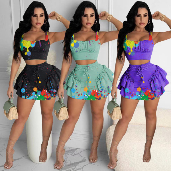 Two-piece suit with splash ink and wood ear lace waist short skirt D8027