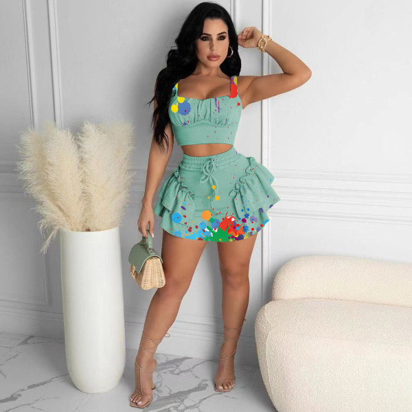 Two-piece suit with splash ink and wood ear lace waist short skirt D8027