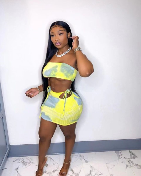 Fashion sexy pit strip print short skirt wrapped chest set two-piece suit D8045