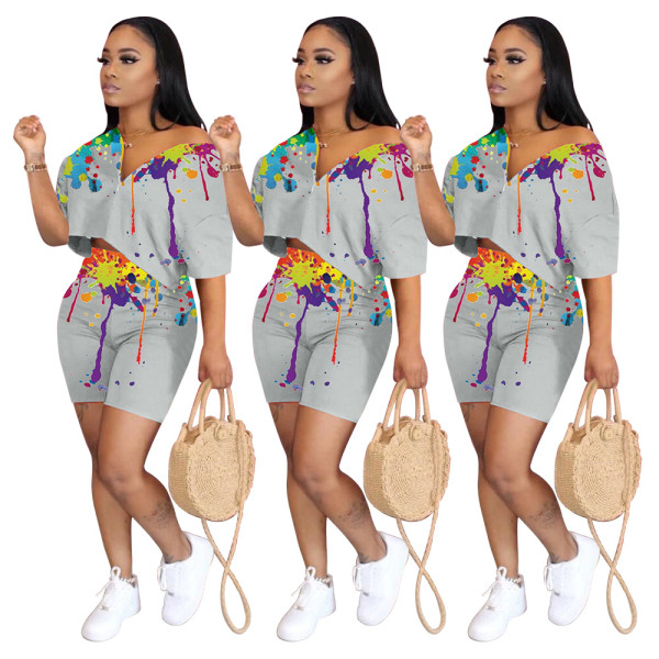 Women's inkjet printing sports and leisure two-piece suit NY8017-1