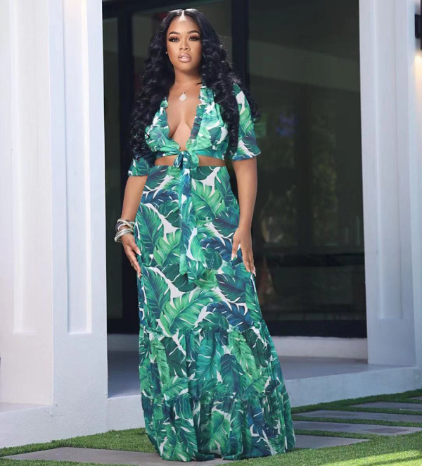 Sexy fashion two-piece suit with deep V-neck and wooden ear print and skirt D80047