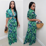 Sexy fashion two-piece suit with deep V-neck and wooden ear print and skirt D80047