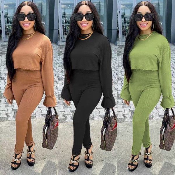 Pure color pit strip round neck long sleeve fashionable sexy two-piece suit D80055