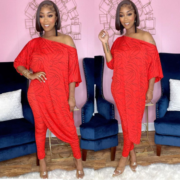 Fashion casual sexy printed trousers oblique shoulder two-piece suit D80053