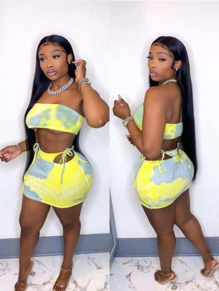 Fashion sexy pit strip print short skirt wrapped chest set two-piece suit D8045