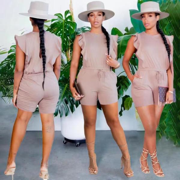 Urban casual ruffled sleeveless loose round neck solid color jumpsuit D8037-1